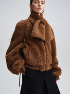 audreyyang Lambswool Trim Stand Collar Straight Short Zip Women Casual Bomber Jackets