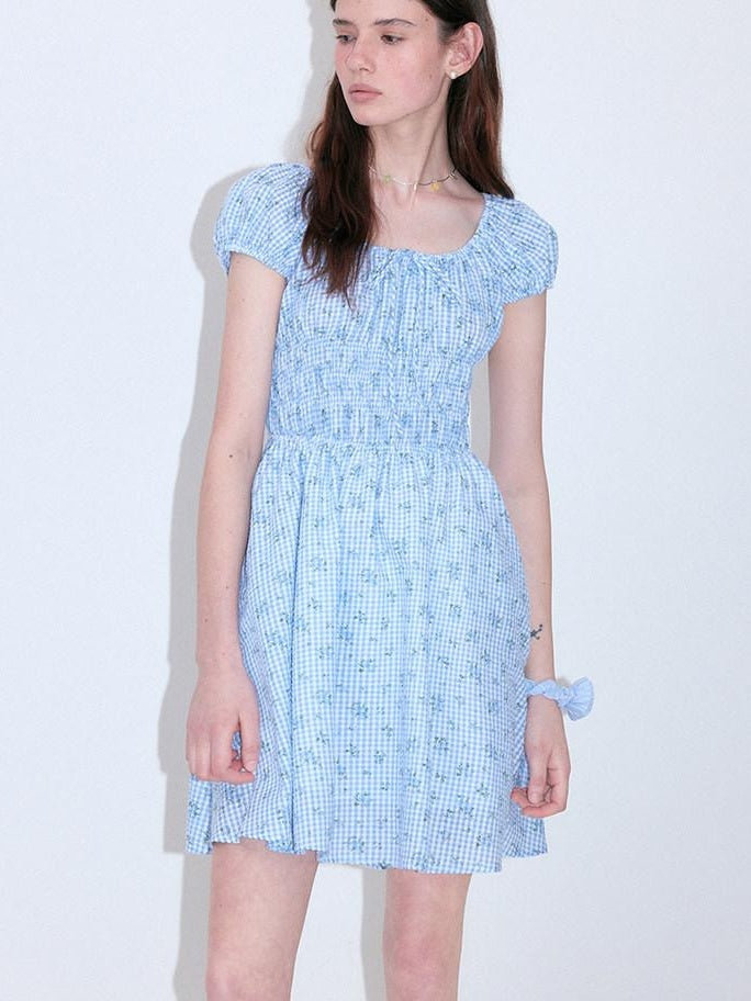 fano Sweet High Waist Puff Sleeve A Line Floral Square Neck Poly Cotton Midi Dresses