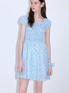 fano Sweet High Waist Puff Sleeve A Line Floral Square Neck Poly Cotton Midi Dresses