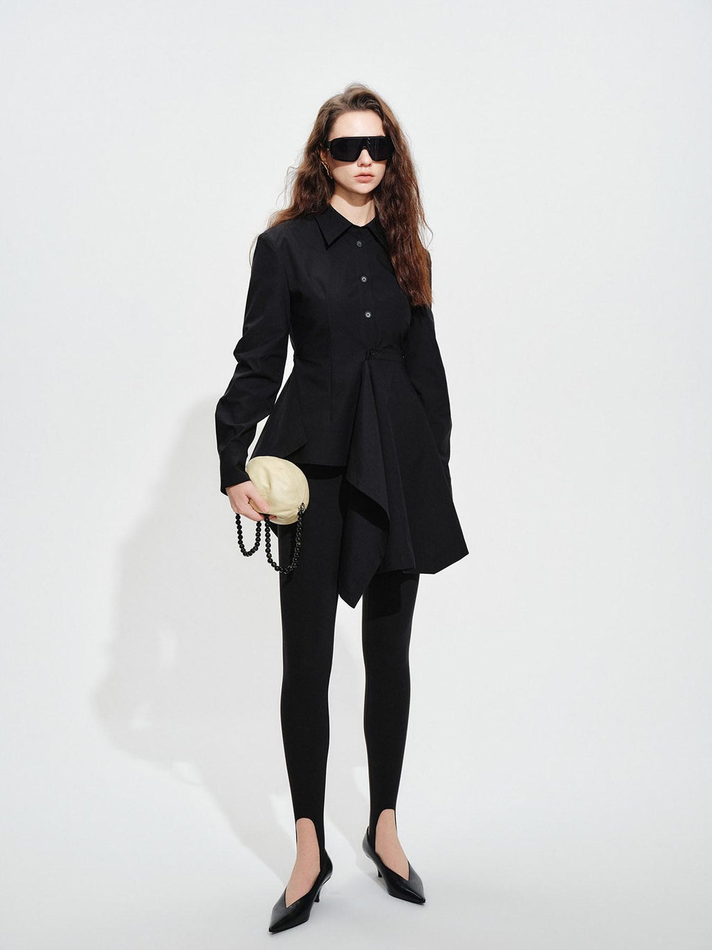 audreyyang Vintage Loose Square Neck Long Sleeve Midi Cardigan Black Polyester Blouses
