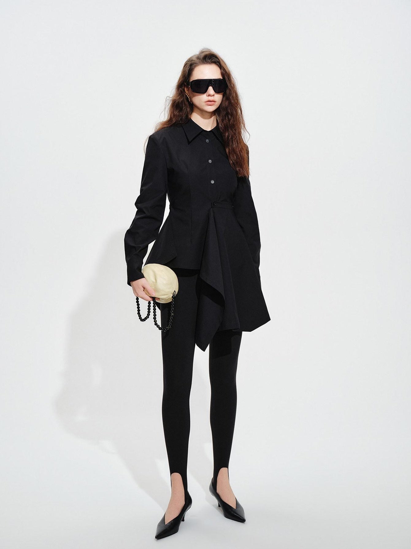 audreyyang Vintage Loose Square Neck Long Sleeve Midi Cardigan Black Polyester Blouses