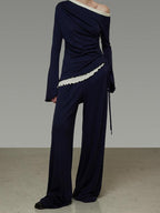 unspoken Navy Tencel Slim Fit Knit Round Neck High Waist Casual Women Top & Skirt Sets