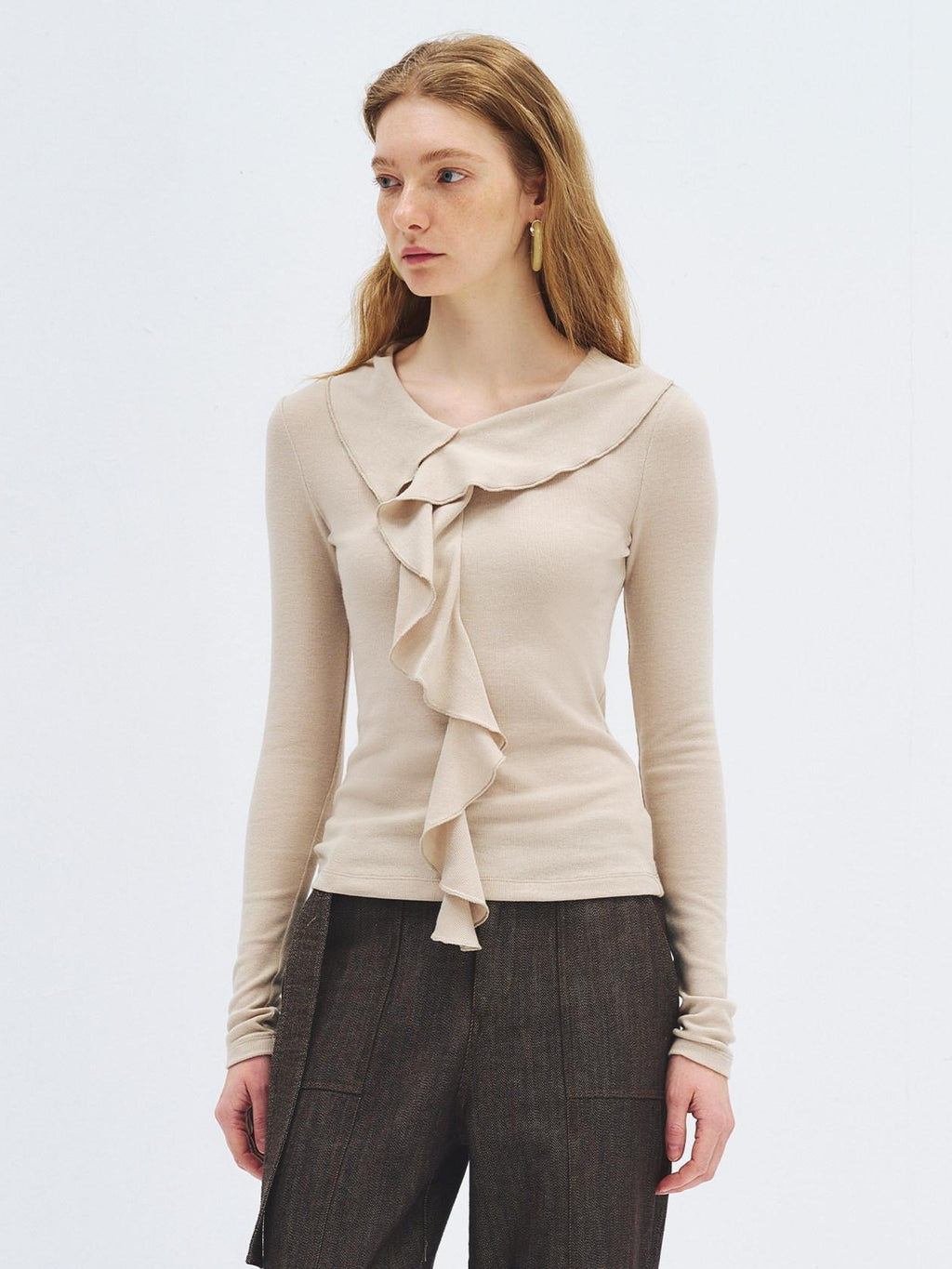 someonesometimes Soft Stretch Knit Slim Fit Casual V-neck Women Sand Long Sleeve T-Shirts