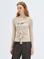 someonesometimes Soft Stretch Knit Slim Fit Casual V-neck Women Sand Long Sleeve T-Shirts