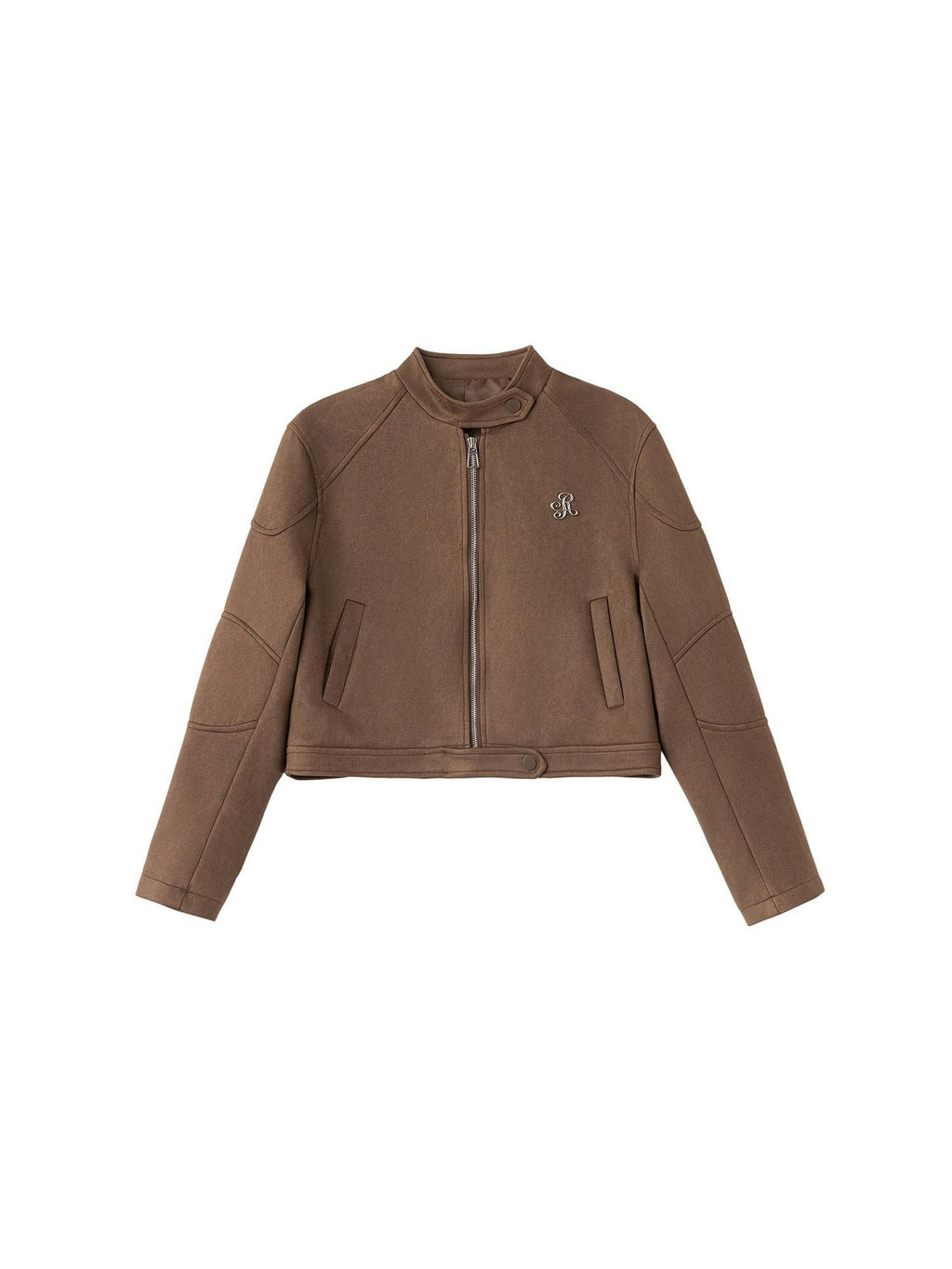 ikyou Durable Vintage Slim 3D Embellished Stand Collar Zip Brown Women Cropped Jackets