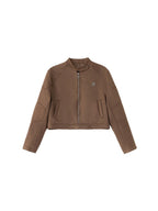 ikyou Durable Vintage Slim 3D Embellished Stand Collar Zip Brown Women Cropped Jackets