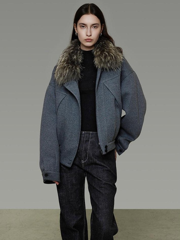 unspoken Deep Gray Cotton Zip Fur Collar Relaxed Commuter Insulated Puffer Jackets