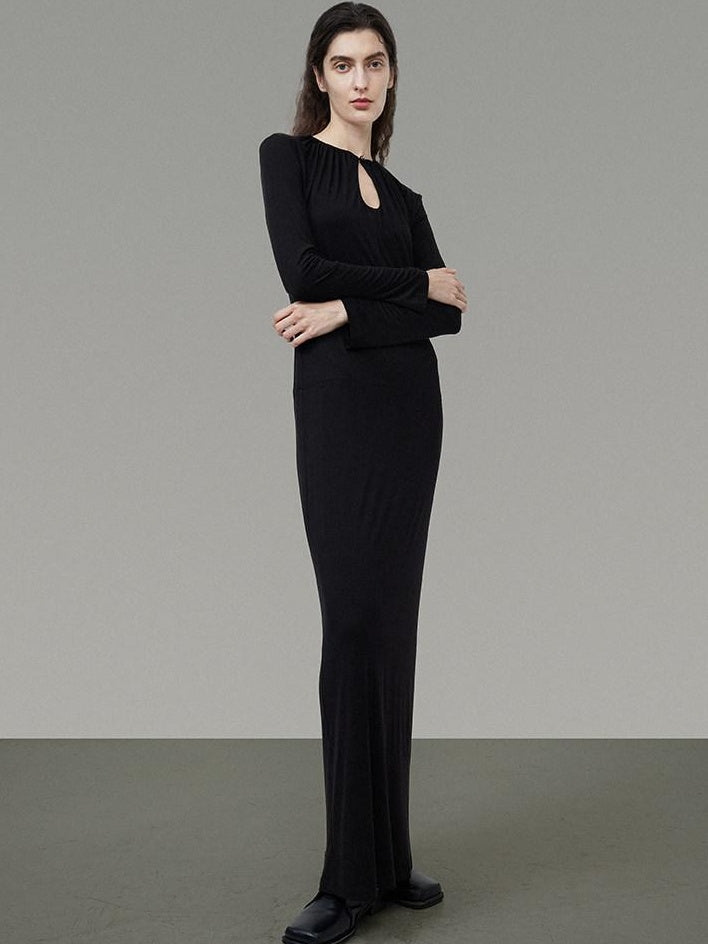unspoken Waist Cinch Commuter Long Sleeve Drop Neck Black Womens Hline Maxi Dresses