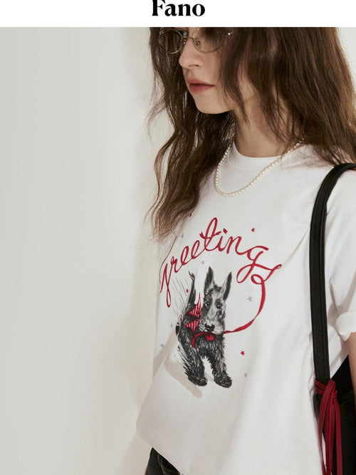 fano Cotton Blend Korean Loose Fit Crewneck Women White Printed Short Sleeve T-Shirts