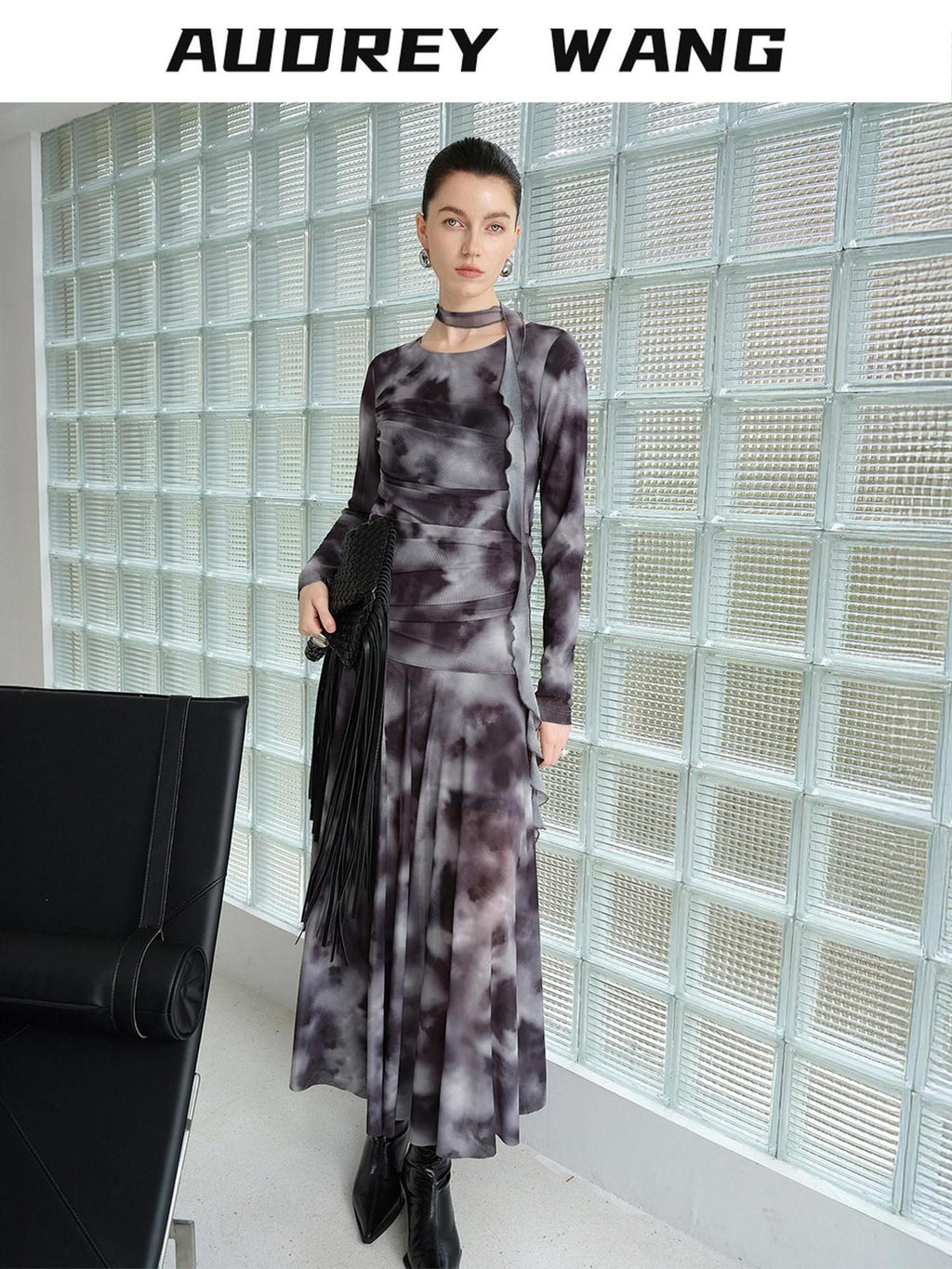 audreyyang Elegant Sash Fitted Knit Long Sleeve Grey Ombre Maxi Dresses