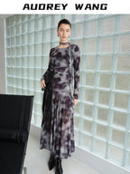 audreyyang Elegant Sash Fitted Knit Long Sleeve Grey Ombre Maxi Dresses