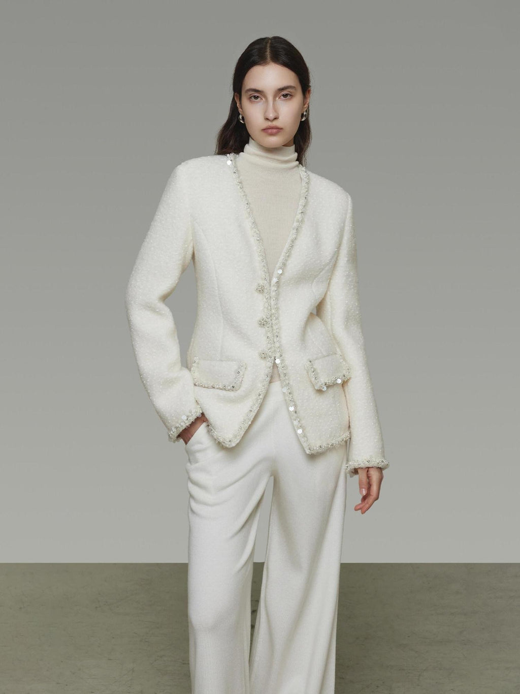 unspoken Soft Ivory Wool Blend Tailored Slim V-neck Long Sleeve Commuter Cardigans