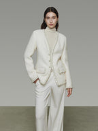 unspoken Soft Ivory Wool Blend Tailored Slim V-neck Long Sleeve Commuter Cardigans