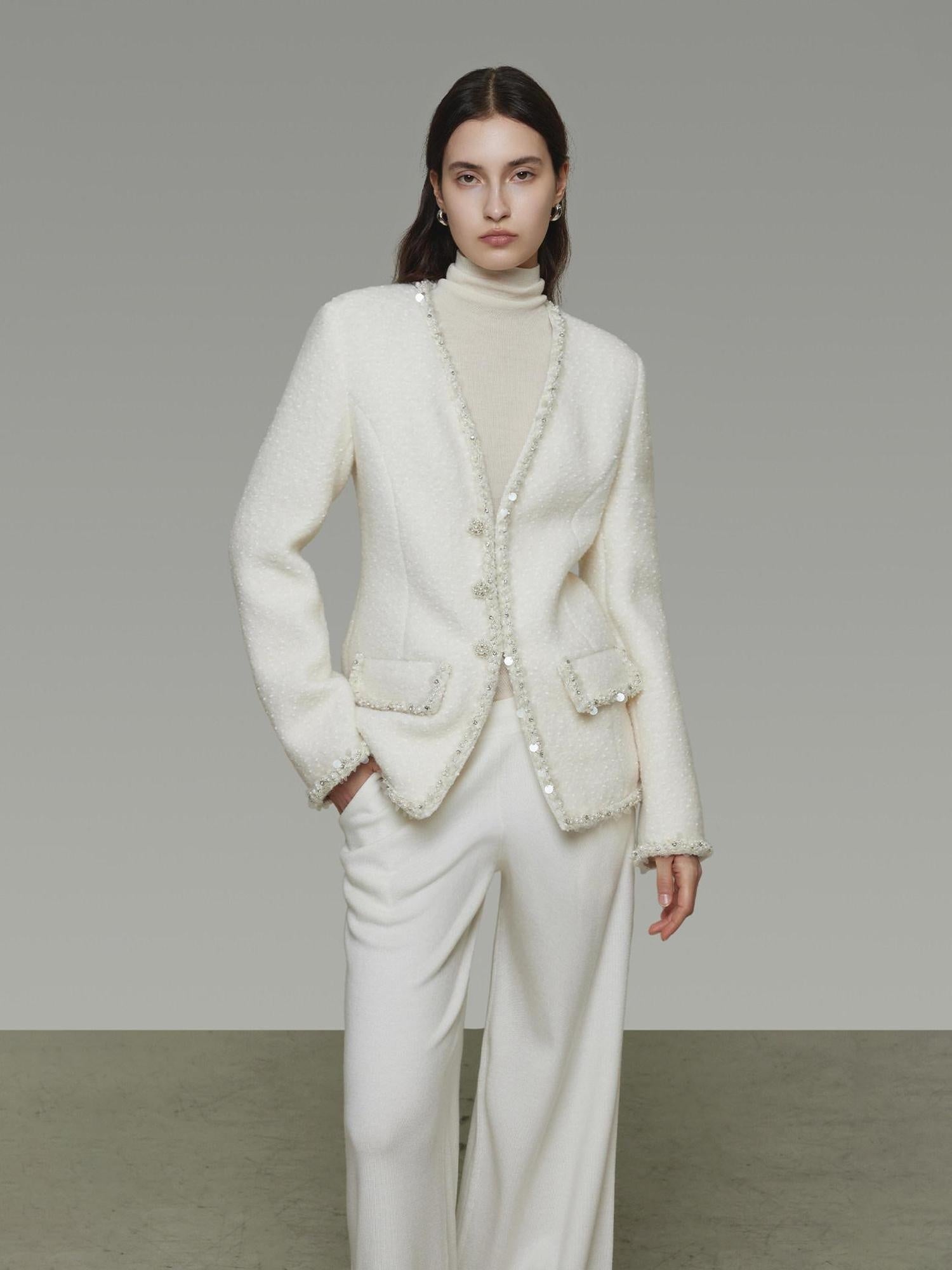 unspoken Soft Ivory Wool Blend Tailored Slim V-neck Long Sleeve Commuter Cardigans