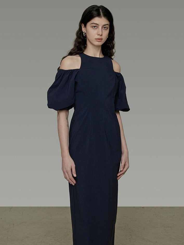 unspoken Slimming Waist A Line Irregular Hem Puff Sleeve City Navy Maxi Dresses