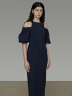 unspoken Slimming Waist A Line Irregular Hem Puff Sleeve City Navy Maxi Dresses