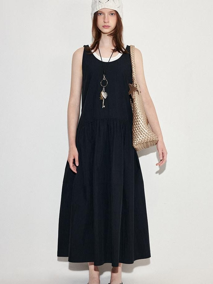 fano Black Cotton Blend A Line Sleeveless Round Neck Natural Waist Women Maxi Dresses