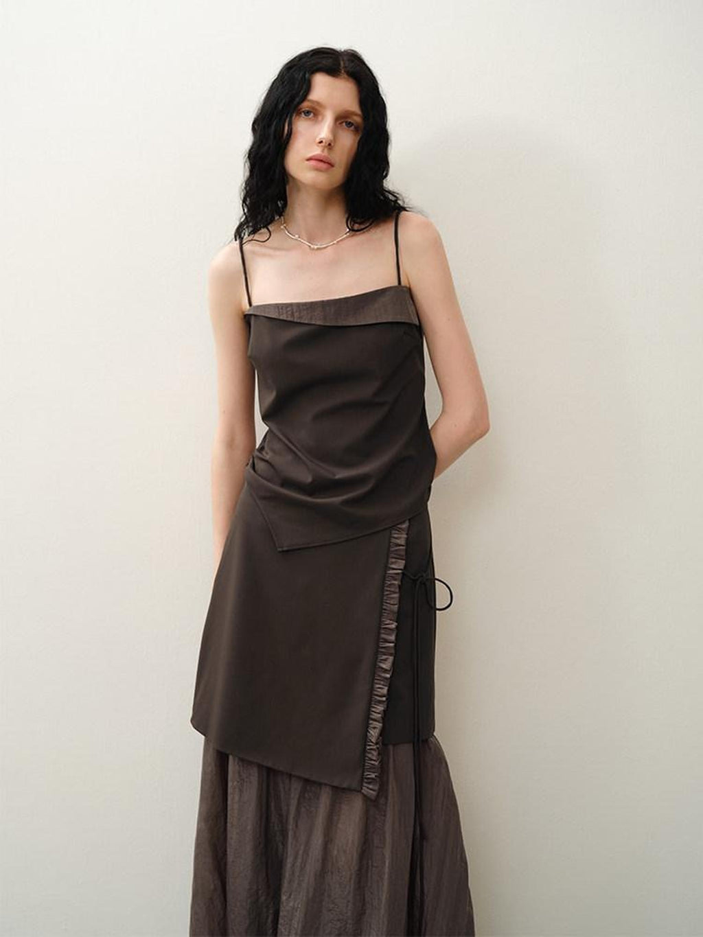 someonesometimes Original Coffee Viscose Blend Loose Camisole Midi Skirt Women Top & Skirt Sets