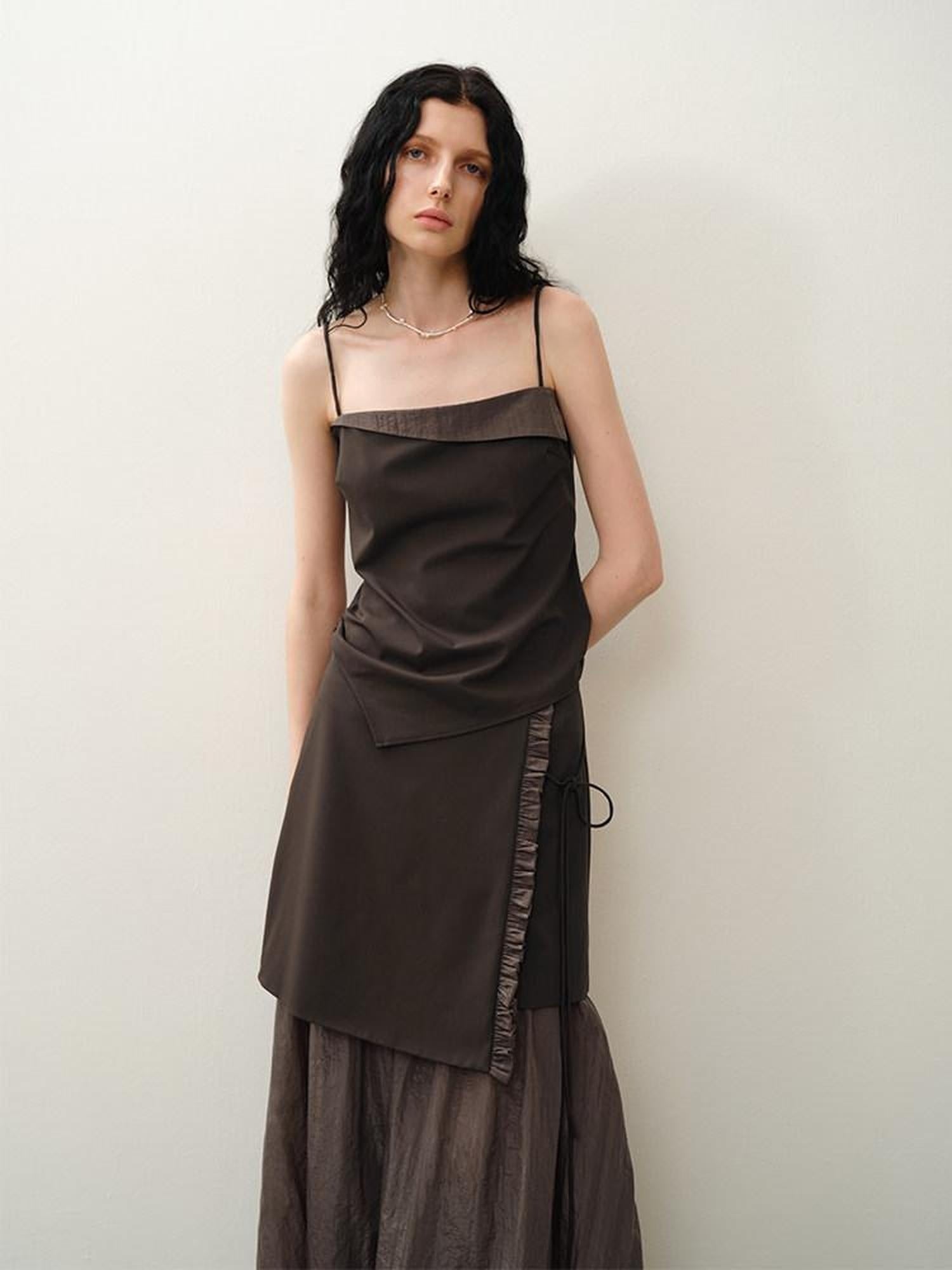 someonesometimes Original Coffee Viscose Blend Loose Camisole Midi Skirt Women Top & Skirt Sets