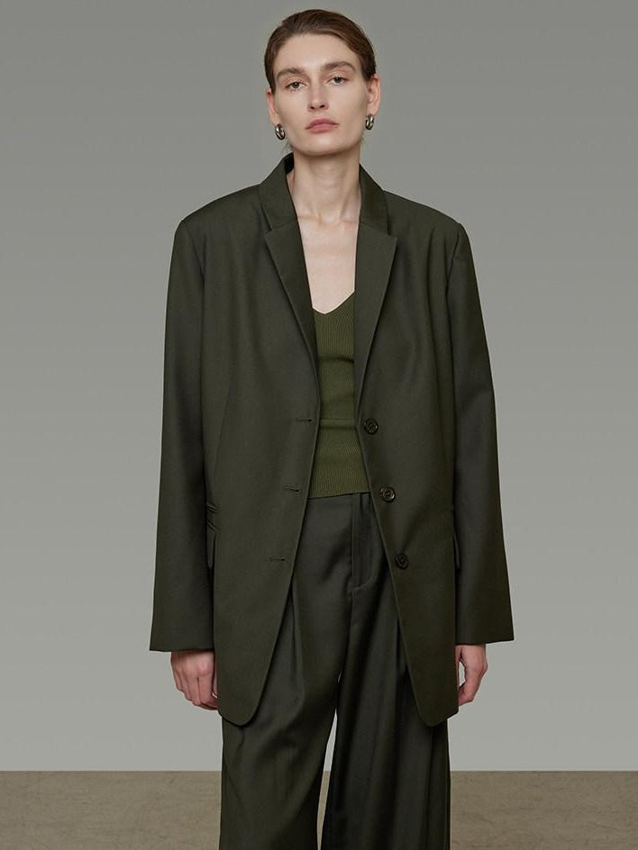 unspoken Breathable Dark Green Loose Lapel Blazer High Waist Casual Top & Skirt Sets