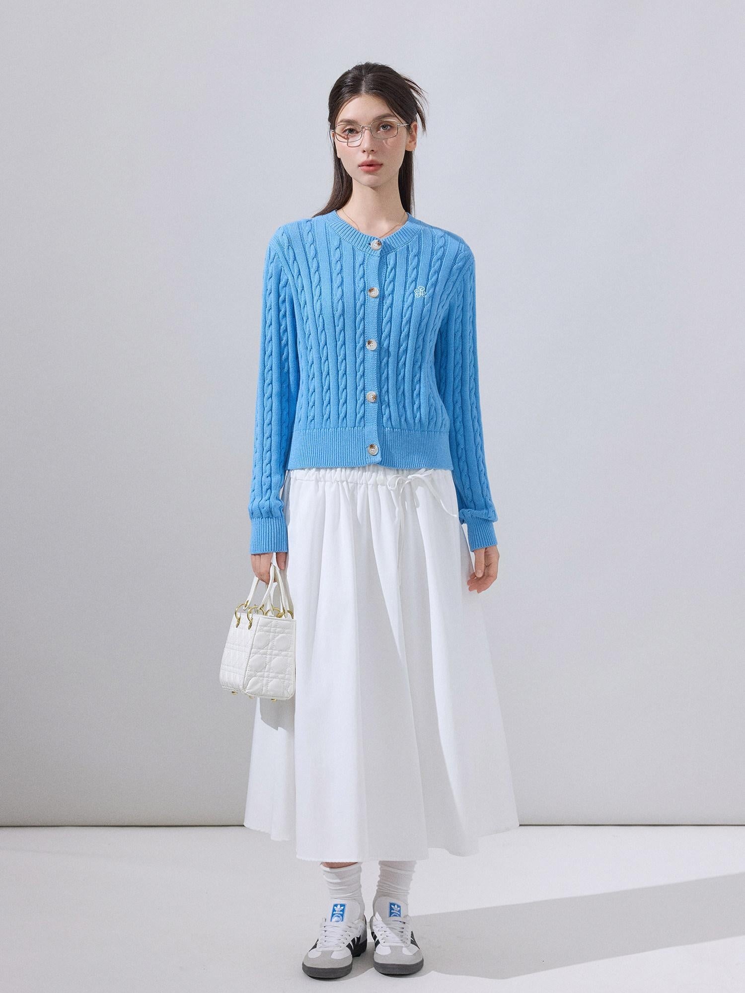 ikyou Soft Cotton Blend Preppy Regular Button Front Blue Casual Women Logo Cardigans