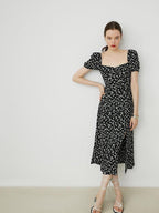 fano Viscose Square Neck Puff Sleeve A Line Casual Black Floral Maxi Dresses