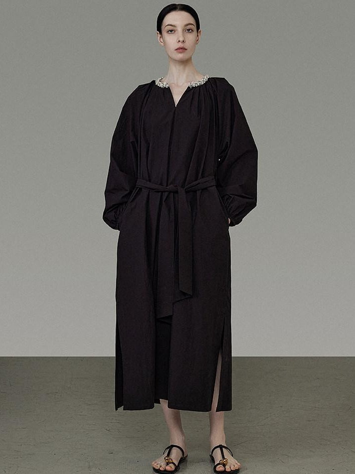 unspoken Cotton Loose Waist Minimalist V-neck Long Sleeve Casual Black Maxi Dresses