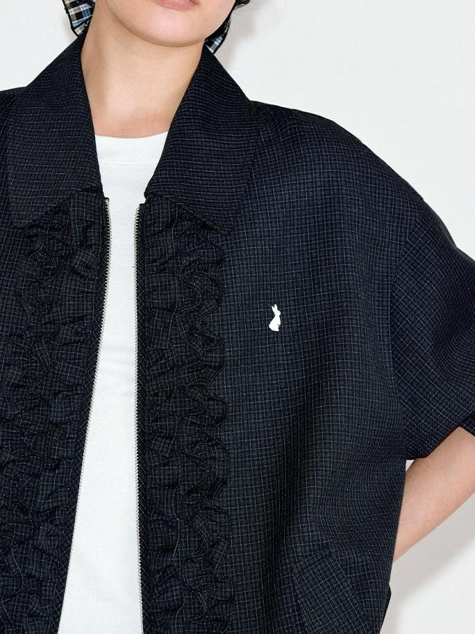 fano Vintage Black Grey Plaid Ruffle Loose Fit Viscose Zipper Women Bomber Jackets