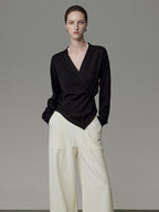 unspoken Soft Asymmetrical Loose Women V-neck Long Sleeve Black Blouses