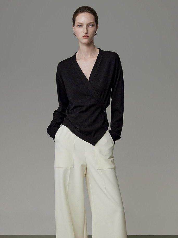 unspoken Soft Asymmetrical Loose Women V-neck Long Sleeve Black Blouses