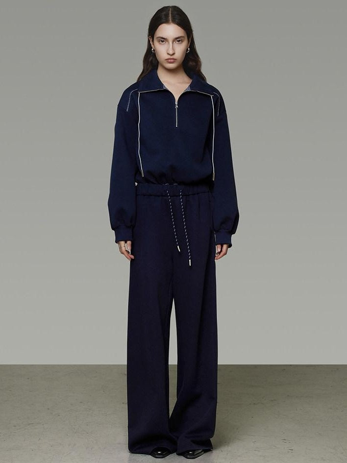 unspoken Breathable Soft Cotton Minimal Mid Rise Drawstring Navy Women Wide Leg Pants