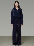 unspoken Breathable Soft Cotton Minimal Mid Rise Drawstring Navy Women Wide Leg Pants