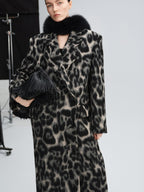 audreyyang Thick Wool Blend Retro Loose Leopard Double Breasted Lapel Long Coats