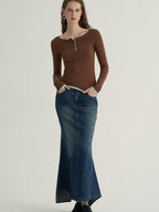 someone sometimes High Cotton Denim Blue Long Sleeve Collared Buttoned Women Top & Skirt Sets