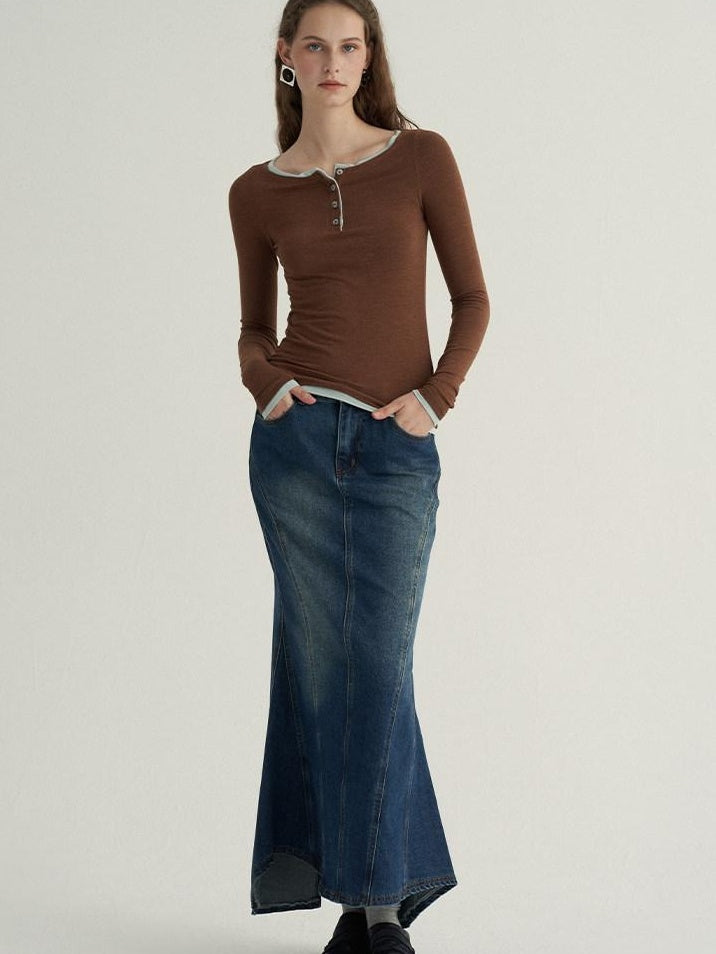 someone sometimes High Cotton Denim Blue Long Sleeve Collared Buttoned Women Top & Skirt Sets