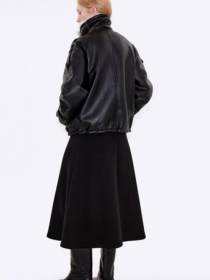 fano Warm Shearling High Collar Double Breasted Loose Fit Women Black Leather Jackets
