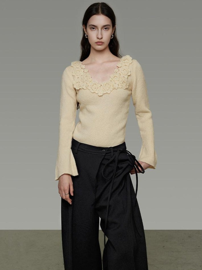 unspoken Soft Breathable V-neck Slim Fit Commuter Knitwear Bell Sleeves Women Sweaters