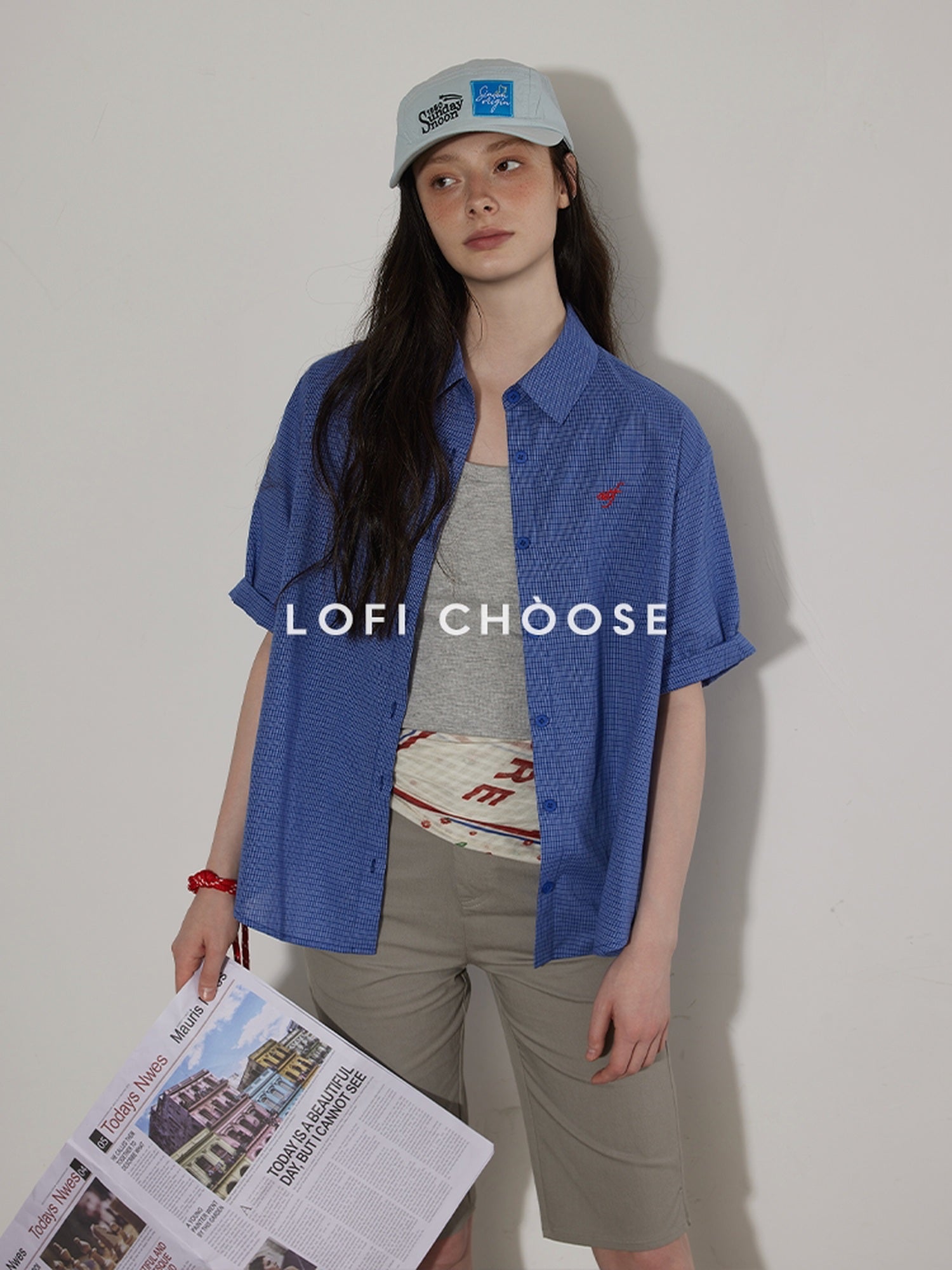 Lofi choose Lightweight Embroidered Plaid Button Down Loose Commuter Short Sleeve Women Shirts