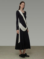 unspoken Slimming High Waist A Line Knit Long Sleeve Workwear Black Women Maxi Dresses