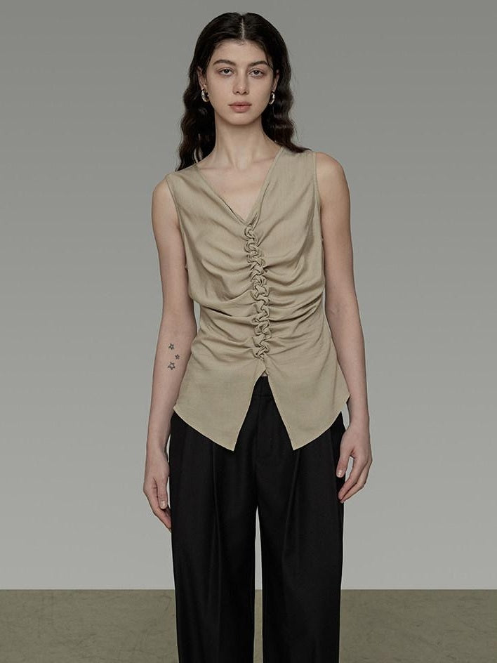 unspoken Ruched Soft Viscose Loose Workwear Women Khaki Solid Off Shoulder Crop Tops
