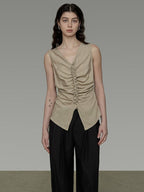 unspoken Ruched Soft Viscose Loose Workwear Women Khaki Solid Off Shoulder Crop Tops