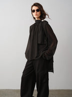 audreyyang Shape Retaining Loose Fit Stand Collar Long Sleeve For Women Polka Dot Blouses