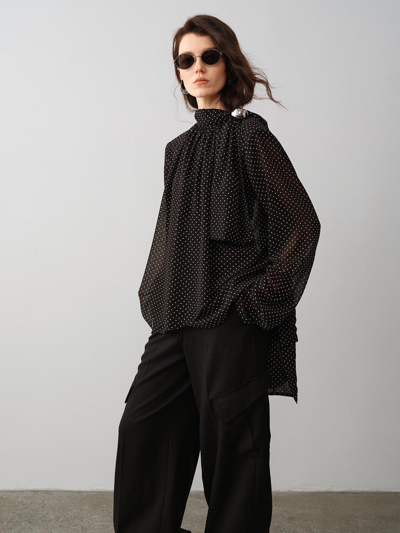 audreyyang Shape Retaining Loose Fit Stand Collar Long Sleeve For Women Polka Dot Blouses