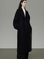 unspoken 100 Percent Wool Minimal Straight Long Tie Office Women Black Wool Coats