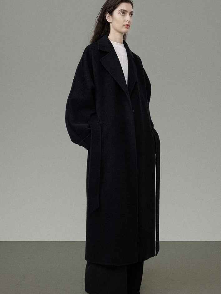 unspoken 100 Percent Wool Minimal Straight Long Tie Office Women Black Wool Coats