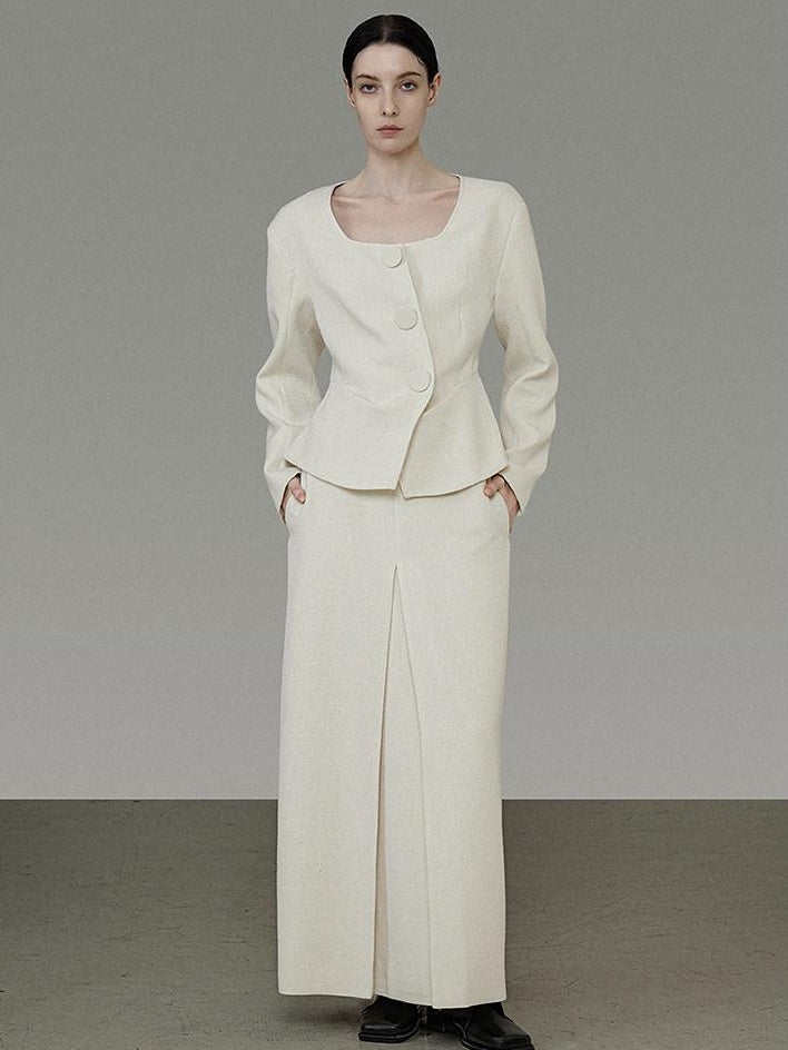 unspoken Slim Office Button Front Long Sleeve Cream Polyester Women Top & Skirt Sets