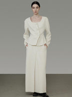 unspoken Slim Office Button Front Long Sleeve Cream Polyester Women Top & Skirt Sets