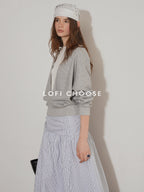 Lofi choose High Waist Cotton Comfort Pleated Loose Fit Office Women Blue Stripe Midi Skirts