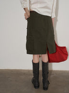 Lofi choose High Waist Cotton Slit H Line Loose Office Women Seaweed Green Midi Skirts