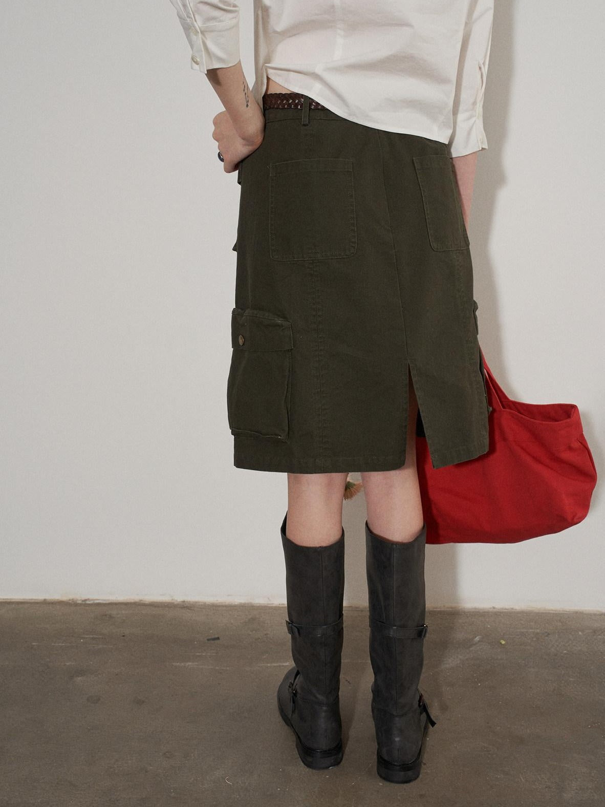 Lofi choose High Waist Cotton Slit H Line Loose Office Women Seaweed Green Midi Skirts